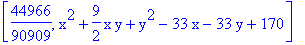 [44966/90909, x^2+9/2*x*y+y^2-33*x-33*y+170]